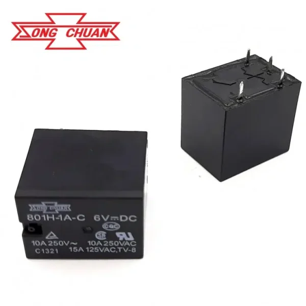 رله 6V پایه میلون بوبین کنار 4 پین 10A تایوانی مارک SONG CHUAN کد 801H-1A-C